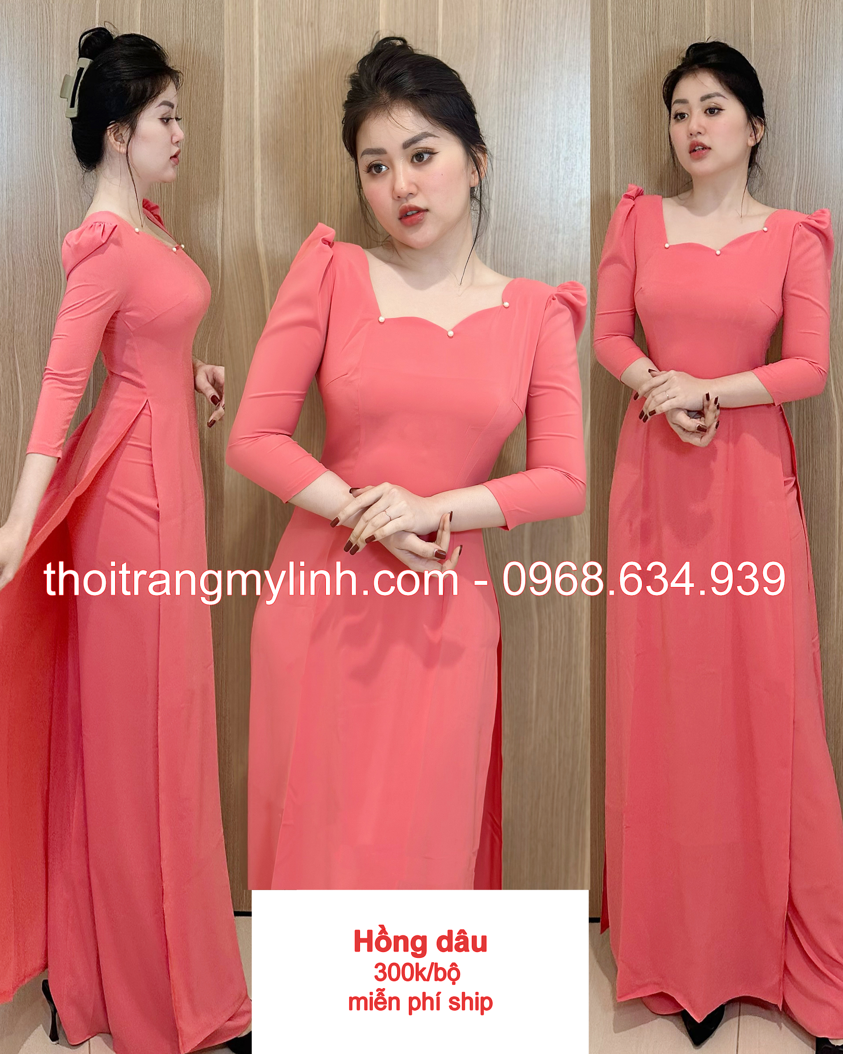 Bộ áo dài cổ gợn sóng tay lỡ màu hồng dâu